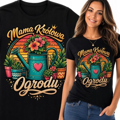 Koszulka damska „Mama Królowa Ogrodu” - retro konewka i kwiaty