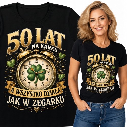 Koszulka damska na 50 urodziny z budzikiem retro - „50 lat na karku, a wszystko działa jak w zegarku”