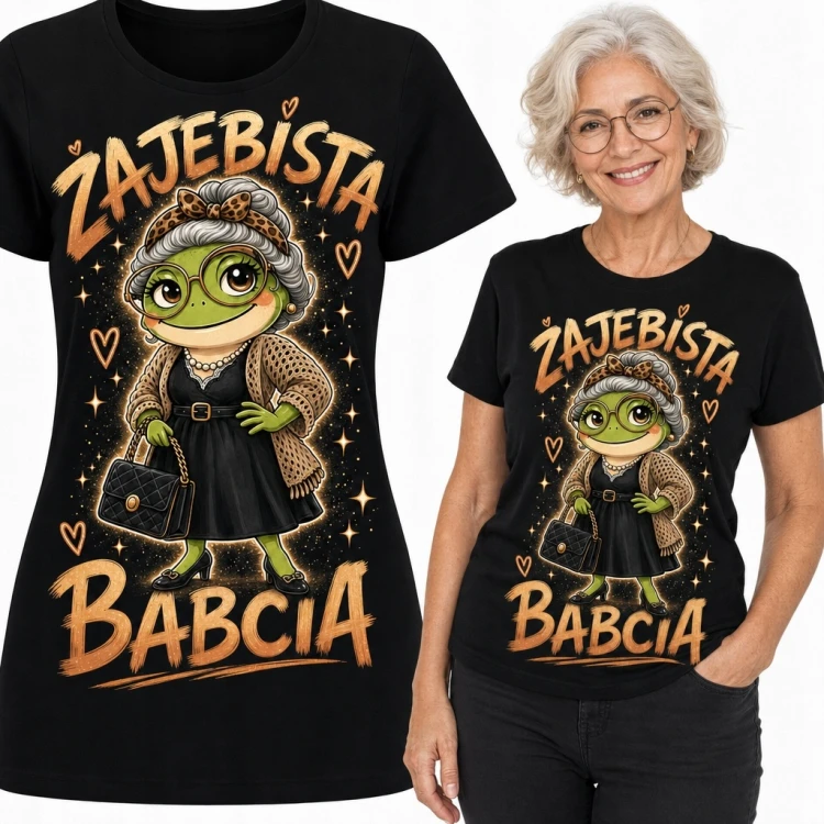 Koszulka damska dla babci „Żajebista babcia” - humorystyczny motyw z żabą