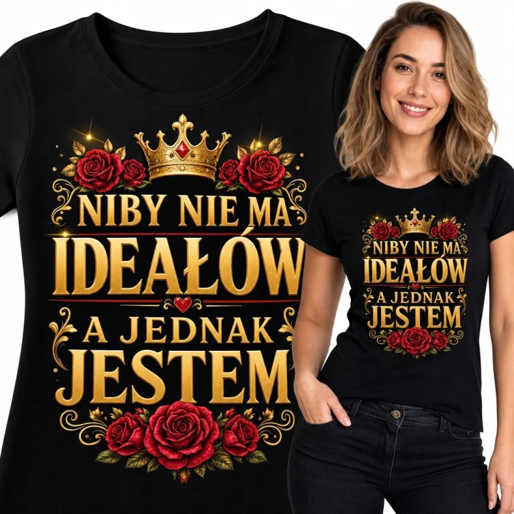 Koszulka damska z koroną i różami „Niby nie ma ideałów, a jednak jestem”