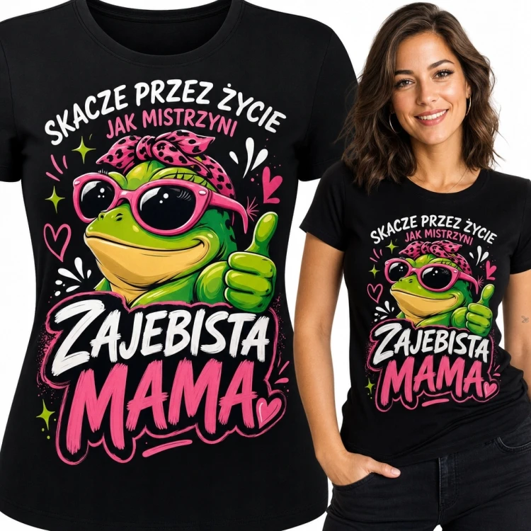 Koszulka damska „Zajebista mama” z komiksową żabą
