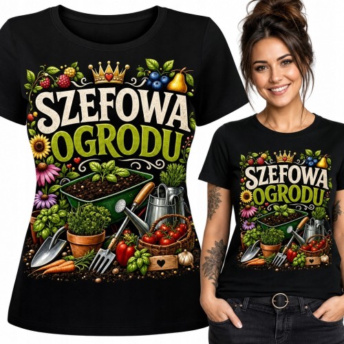 Koszulka damska „Szefowa ogrodu” - kolorowy motyw ogrodniczy