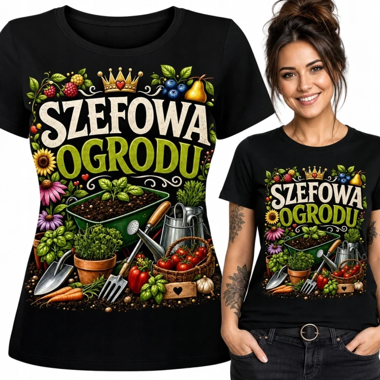 Koszulka damska „Szefowa ogrodu” - kolorowy motyw ogrodniczy
