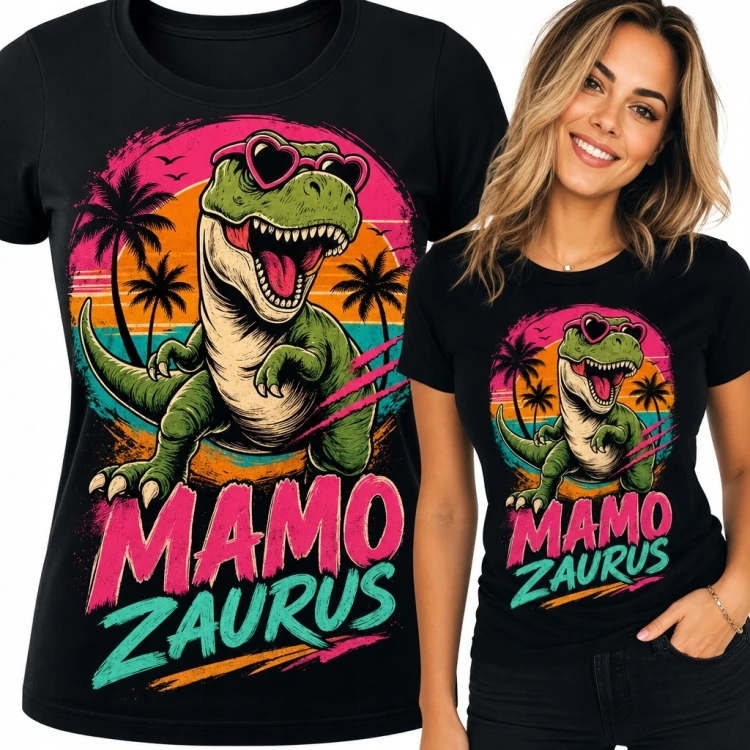 Koszulka damska „Mamo Zaurus” z T-rexem - tropikalny wzór retro