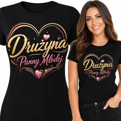 Koszulka damska na wieczór panieński „Drużyna Panny Młodej” - złoto-różowe serce