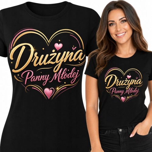 Koszulka damska na wieczór panieński „Drużyna Panny Młodej” - złoto-różowe serce
