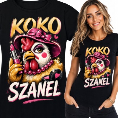 Koszulka damska z kurą glamour „Koko Szanel” - zabawny nadruk