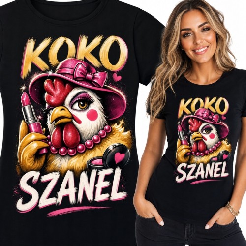 Koszulka damska z kurą glamour „Koko Szanel” - zabawny nadruk