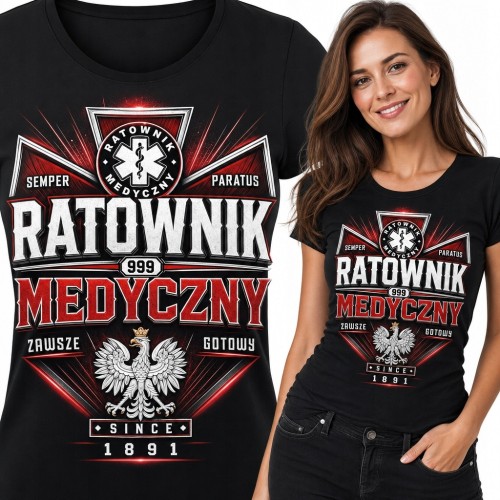 Koszulka damska dla ratowniczki medycznej „Ratownik medyczny” - Star of Life i polski orzeł