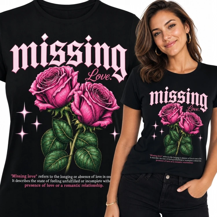 Koszulka damska z różami i gotyckim napisem „missing Love”