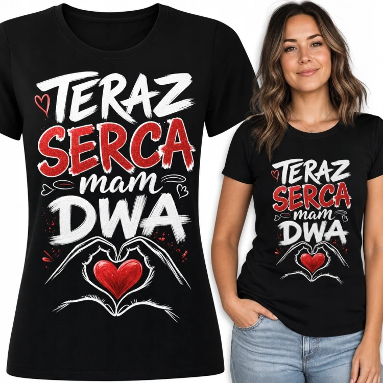 Koszulka damska ciążowa „Teraz serca mam dwa” - czerwone serce w dłoniach