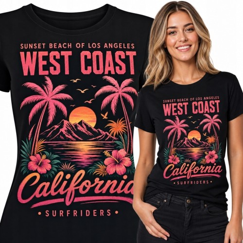 Koszulka damska z kalifornijskim zachodem słońca „West Coast” w stylu retro surf
