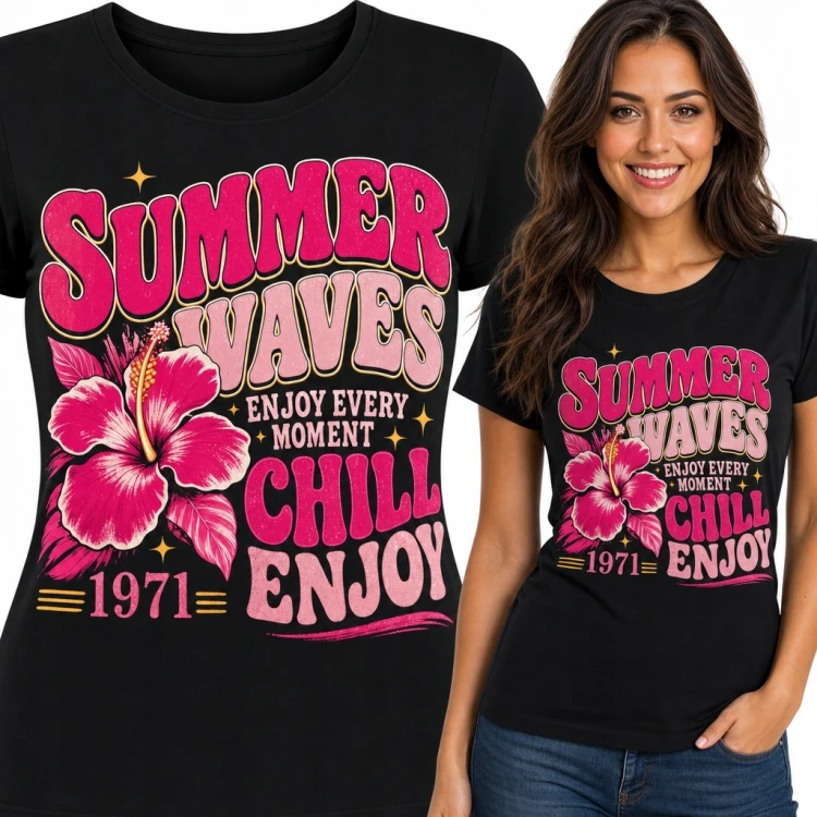 Koszulka damska z hibiskusem „Summer Waves” - wakacyjny wzór retro