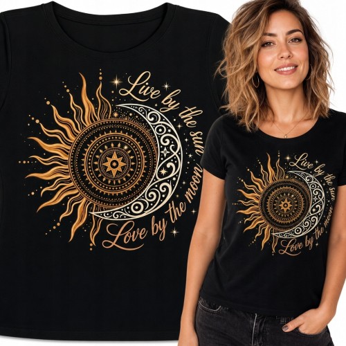 Koszulka damska z mandalą, słońcem i księżycem - „Live by the sun, love by the moon”