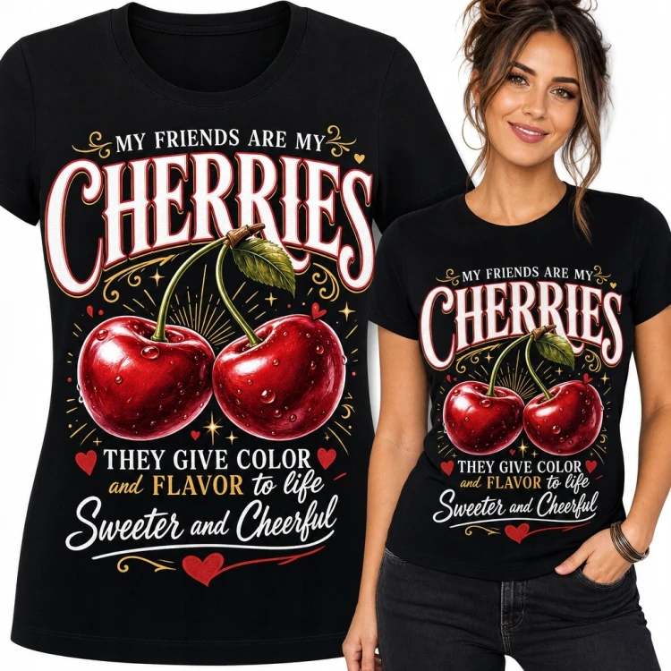Koszulka damska z czereśniami „My Friends Are My Cherries” - retro motyw przyjaźni