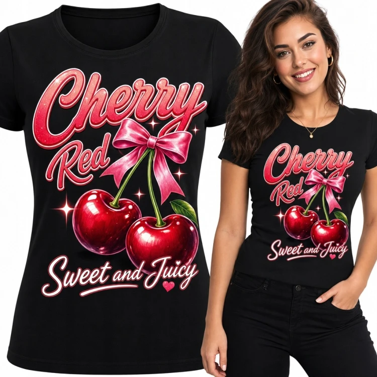 Koszulka damska z wiśniami „Cherry Red” - retro pin-up