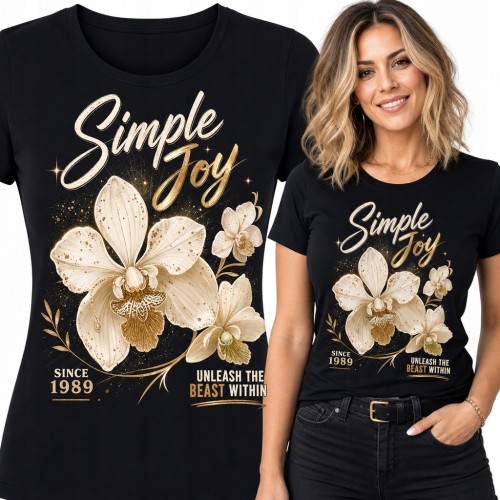 Koszulka damska ze storczykami „Simple Joy” - kremowo-złoty motyw