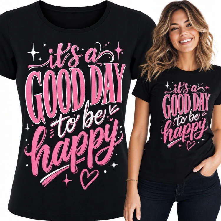 Koszulka damska z napisem „It's a good day to be happy” - różowy lettering