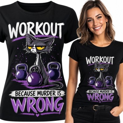 Koszulka damska na siłownię z kotem „Workout - Because Murder Is Wrong”
