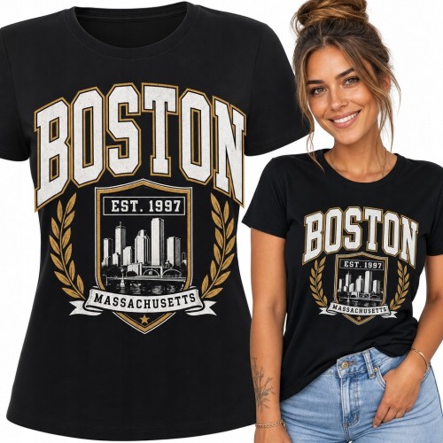 Koszulka damska „Boston” - panorama miasta i laur w stylu college