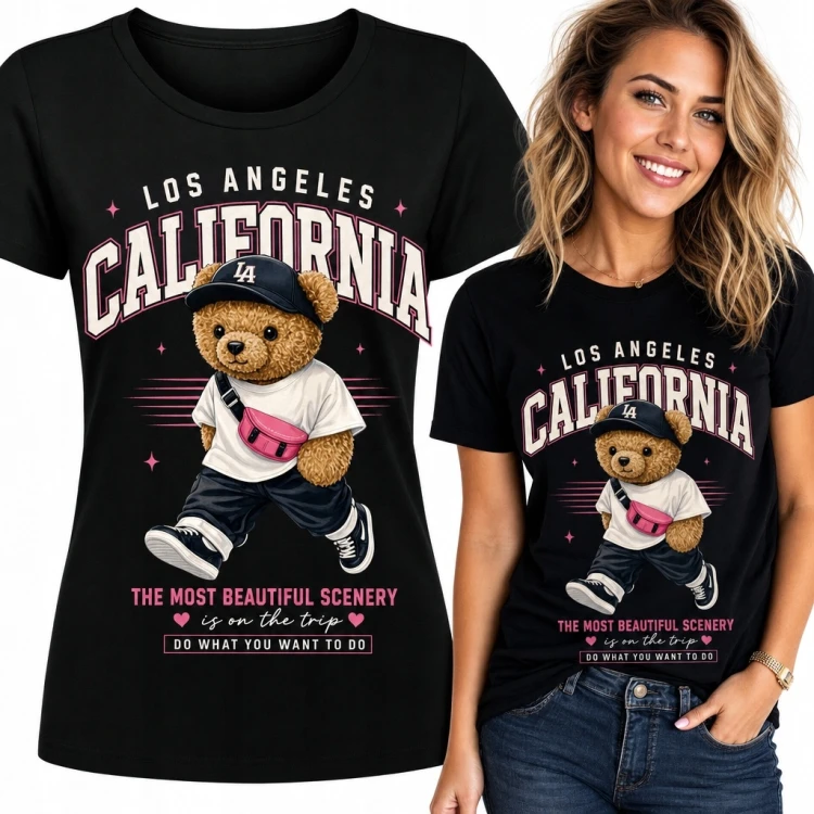 Koszulka damska z misiem „California” - miejski motyw Los Angeles