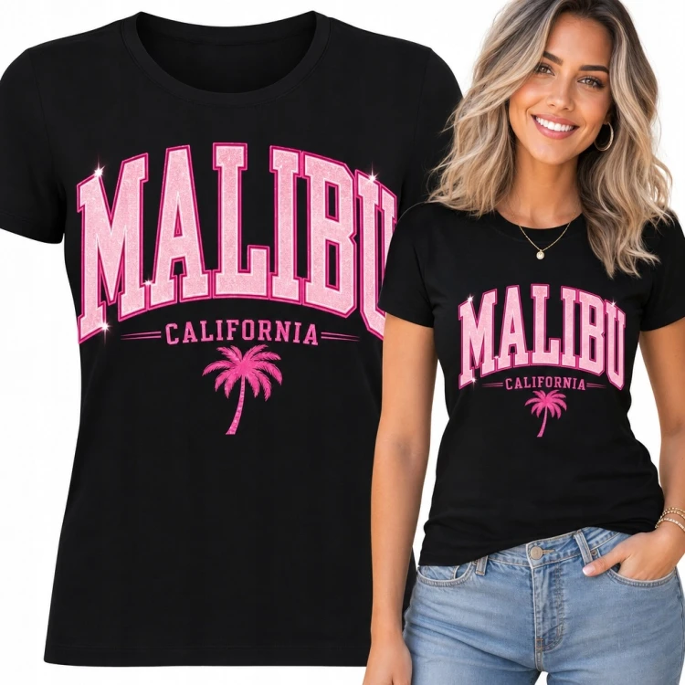 Koszulka damska z palmą „Malibu California” - styl college retro