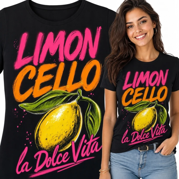 Koszulka damska z cytryną „Limon Cello” i napisem „la Dolce Vita” - włoski klimat