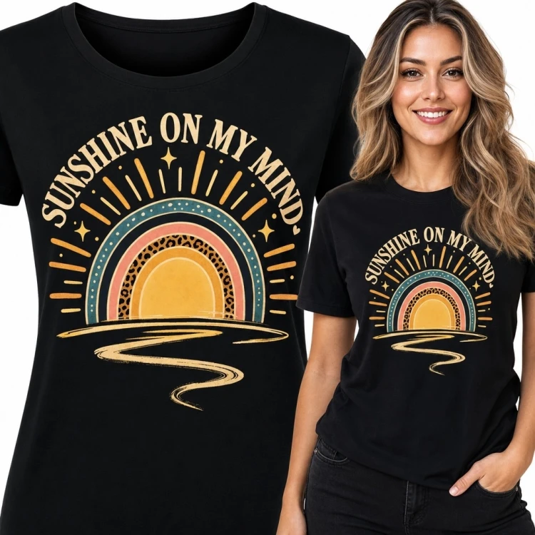 Koszulka damska ze słońcem „Sunshine on my mind!” - kolorowy wzór retro