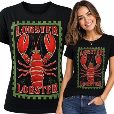 Koszulka damska z homarem i napisem „Lobster” - morski wzór retro