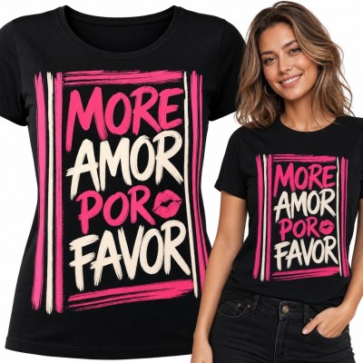 Koszulka damska z napisem „More Amor Por Favor” i śladem ust