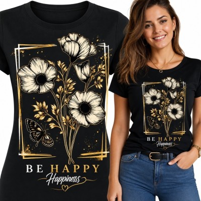 Koszulka damska w maki i motyla „Be Happy” - botaniczny wzór