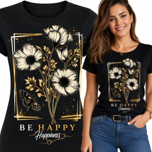Koszulka damska w maki i motyla „Be Happy” - botaniczny wzór