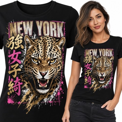 Koszulka damska z lampartem i napisem „New York” - miejski wzór