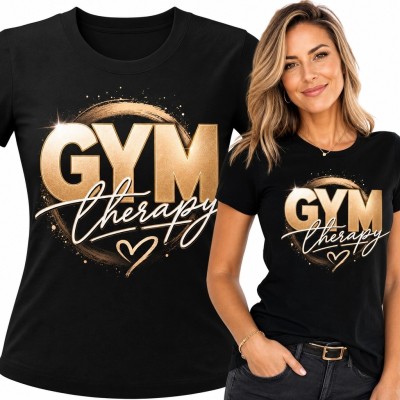 Koszulka damska „GYM Therapy” dla miłośniczki siłowni - złoty motyw z sercem
