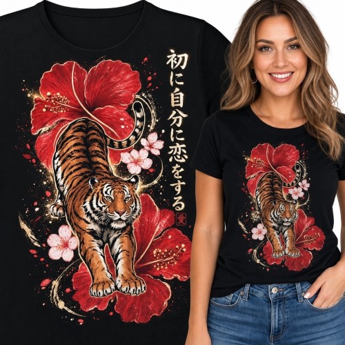 Koszulka damska z tygrysem i czerwonymi hibiskusami - japońska ilustracja