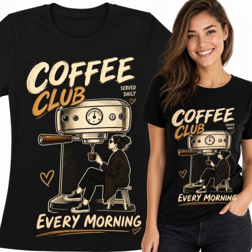 Koszulka damska dla miłośniczki kawy „Coffee Club” - retro scena kawiarniana