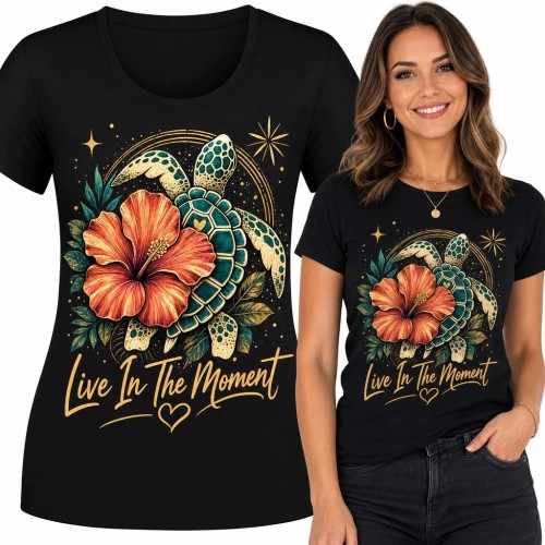 Koszulka damska z żółwiem morskim i hibiskusem „Live In The Moment” - tropikalny wzór