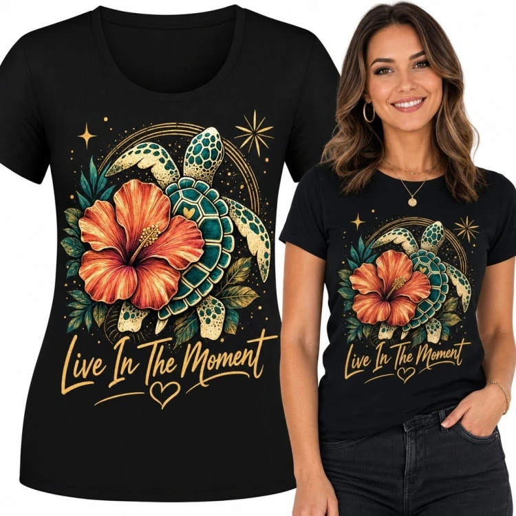Koszulka damska z żółwiem morskim i hibiskusem „Live In The Moment” - tropikalny wzór