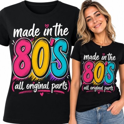 Koszulka damska retro z napisem „Made in the 80's” - kolorowy motyw lat 80