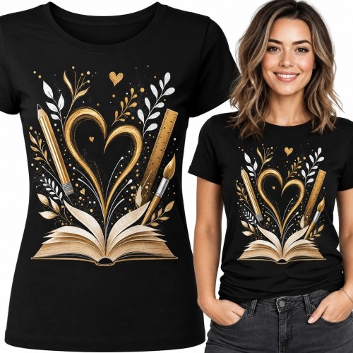 Koszulka damska z otwartą książką i złotym sercem - dla miłośniczki książek