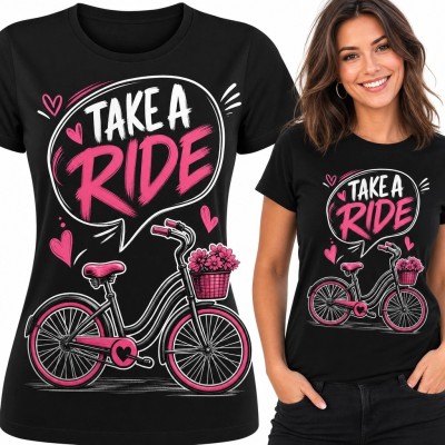 Koszulka damska dla rowerzystki „Take a Ride” - miejski rower z kwiatami