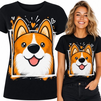 Koszulka damska z kreskówkowym corgi - duży nadruk z sercami