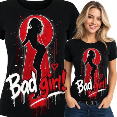 Koszulka damska z nadrukiem graffiti „Bad girl!” - kobieca sylwetka