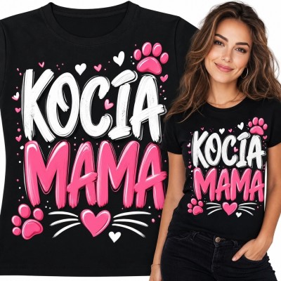 Koszulka damska dla miłośniczki kotów „Kocia mama” - kocie łapki i serce