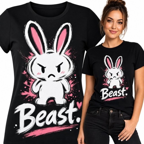 Koszulka damska z królikiem i napisem „Beast!” - komiksowy wzór