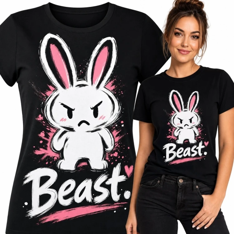 Koszulka damska z królikiem i napisem „Beast!” - komiksowy wzór