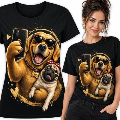 Koszulka damska z golden retrieverem i mopsem robiącymi selfie - zabawny psi duet