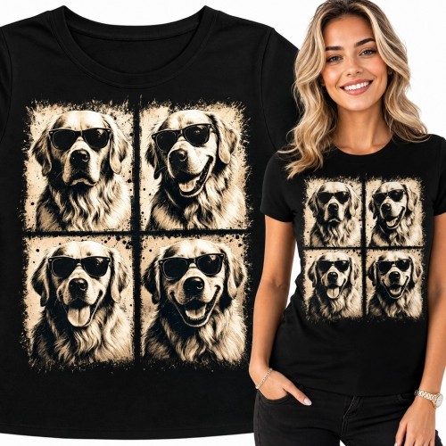 Koszulka damska z golden retrieverem w okularach - cztery portrety retro