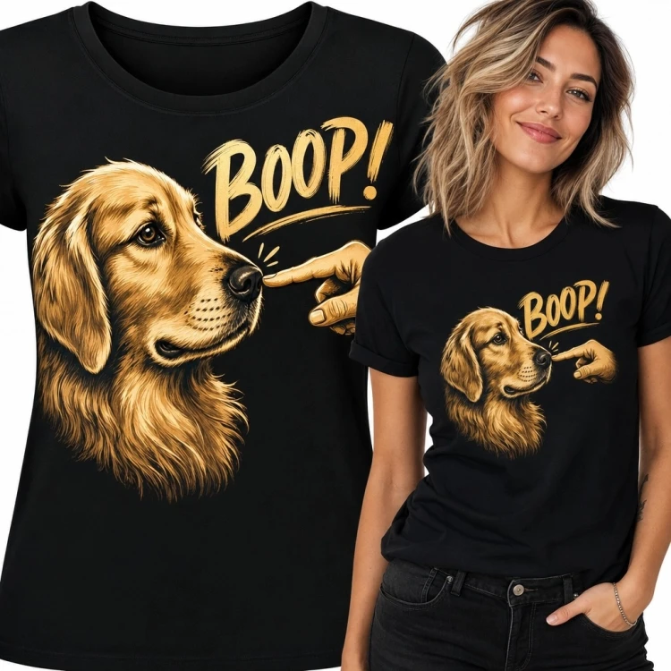 Koszulka damska z golden retrieverem i napisem „Boop!” - zabawny psi motyw
