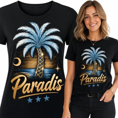 Koszulka damska z palmą i napisem „Paradis” - tropikalny zachód słońca